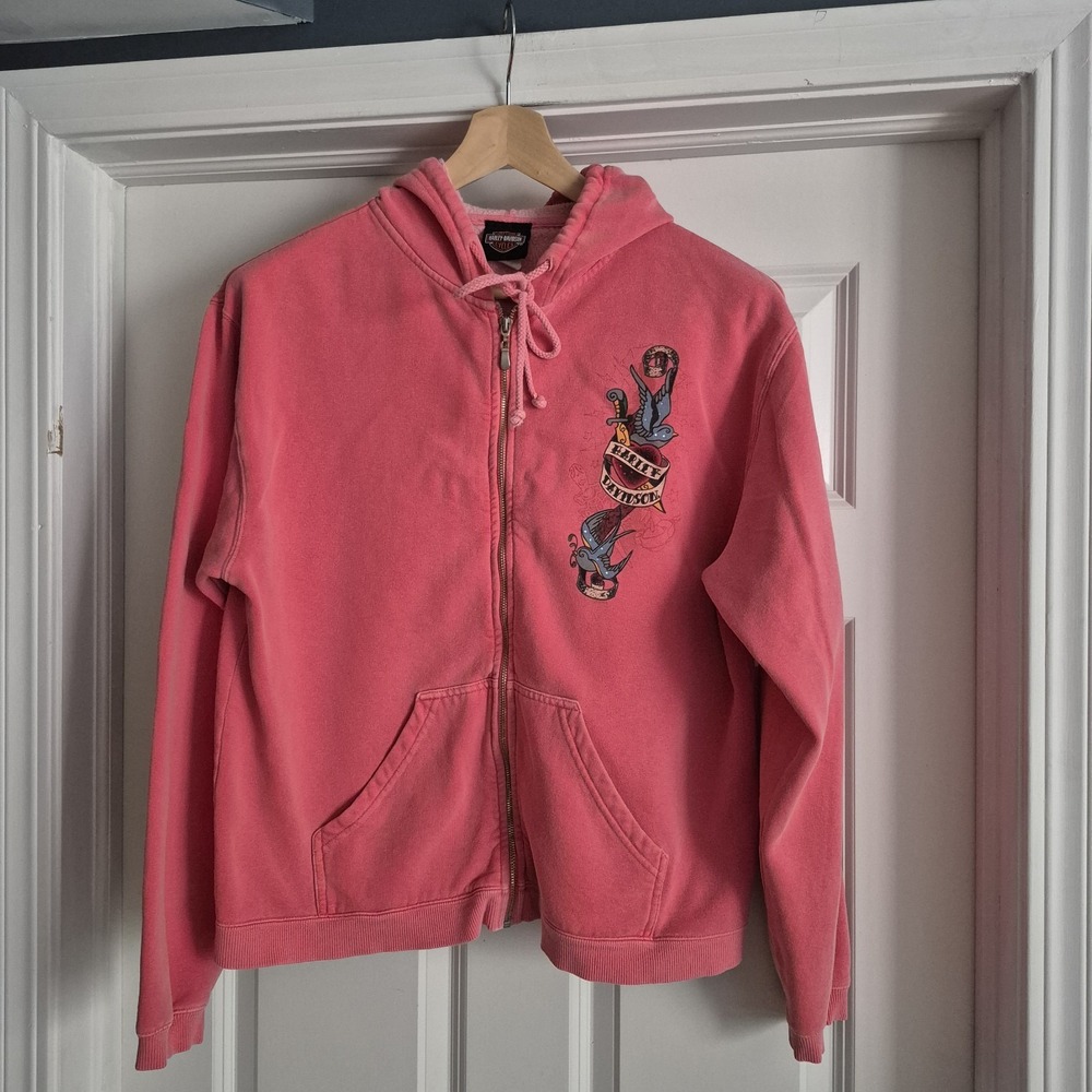 Y2K Harley Davidson Hoodie Womens Large Washed Pink Tattoo Print Sweatshirt